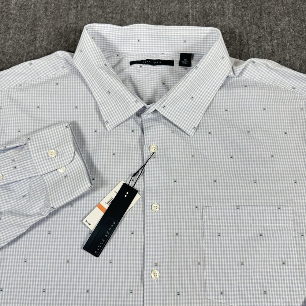 Perry Ellis Men's 3X Dress Shirt NWT Blue Check 100% Cotton Long Sleeve Big Tall